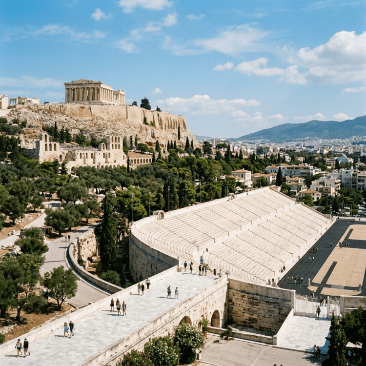 Acropolis hill with Parthenon temple and nearby ancient stadium in Athens under blue sky